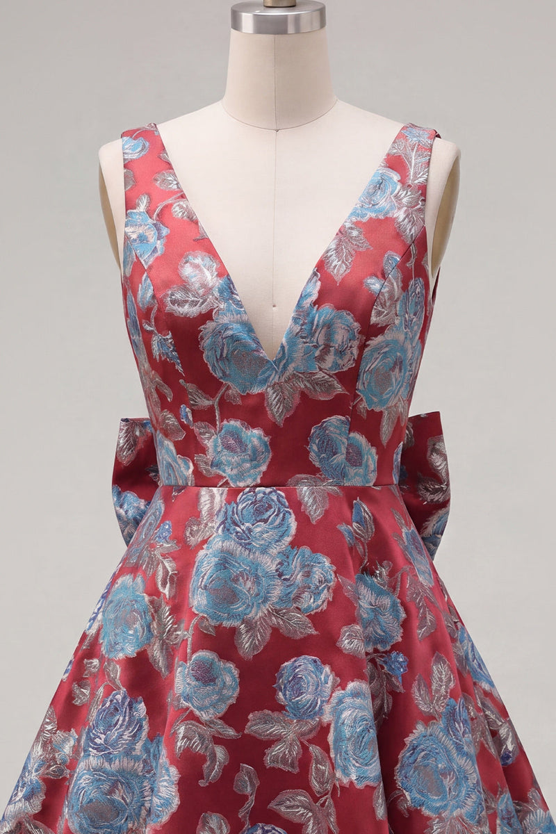 Laden Sie das Bild in den Galerie-Viewer, A-Linie Rotes V-Ausschnitt Jacquard Blumen Kurzes Abendkleid mit Schleife