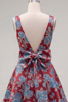 Laden Sie das Bild in den Galerie-Viewer, A-Linie Rotes V-Ausschnitt Jacquard Blumen Kurzes Abendkleid mit Schleife