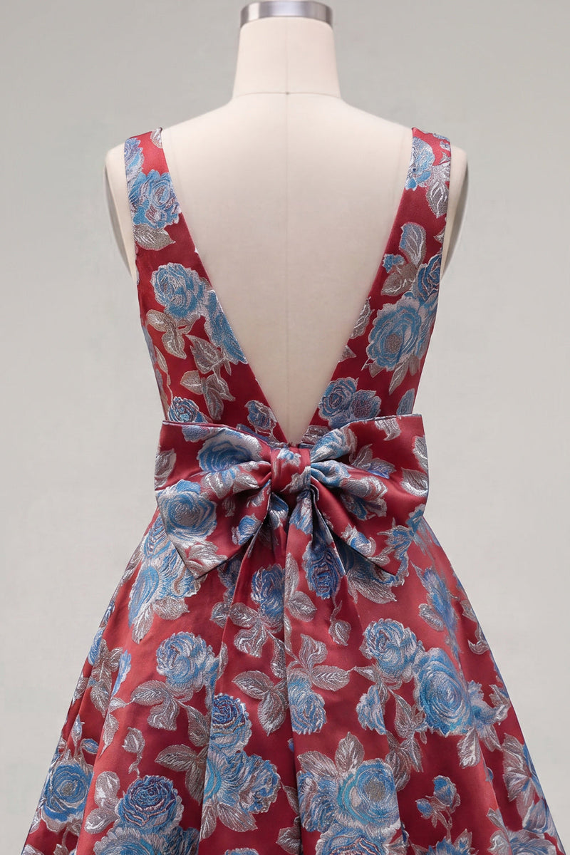 Laden Sie das Bild in den Galerie-Viewer, A-Linie Rotes V-Ausschnitt Jacquard Blumen Kurzes Abendkleid mit Schleife