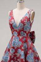 Laden Sie das Bild in den Galerie-Viewer, A-Linie Rotes V-Ausschnitt Jacquard Blumen Kurzes Abendkleid mit Schleife
