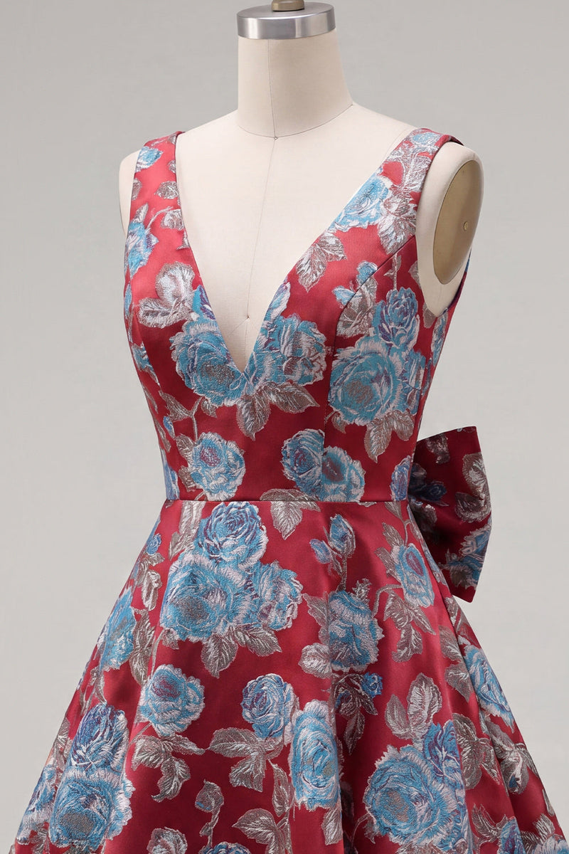 Laden Sie das Bild in den Galerie-Viewer, A-Linie Rotes V-Ausschnitt Jacquard Blumen Kurzes Abendkleid mit Schleife