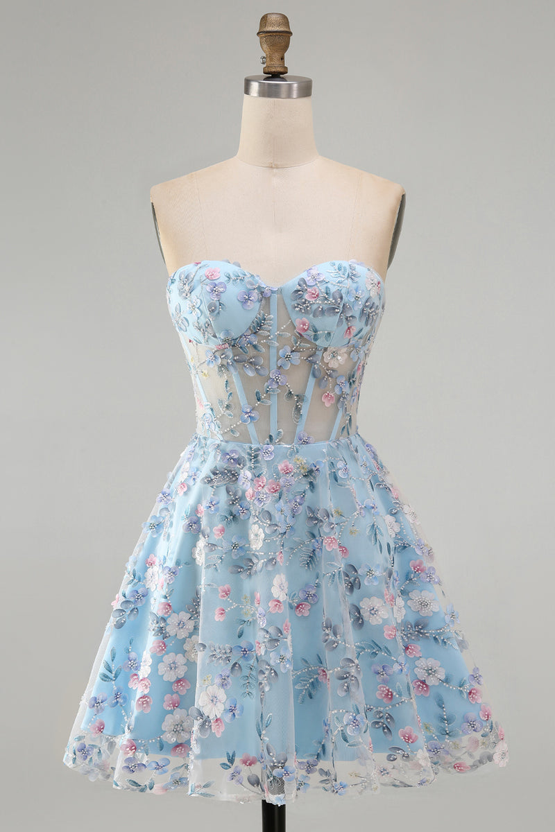 Laden Sie das Bild in den Galerie-Viewer, Grünes Sweetheart Sheer Korsett A-Linie Blumen Kurzes Abendkleid mit Applikationen