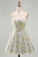 Laden Sie das Bild in den Galerie-Viewer, Grünes Sweetheart Sheer Korsett A-Linie Blumen Kurzes Abendkleid mit Applikationen