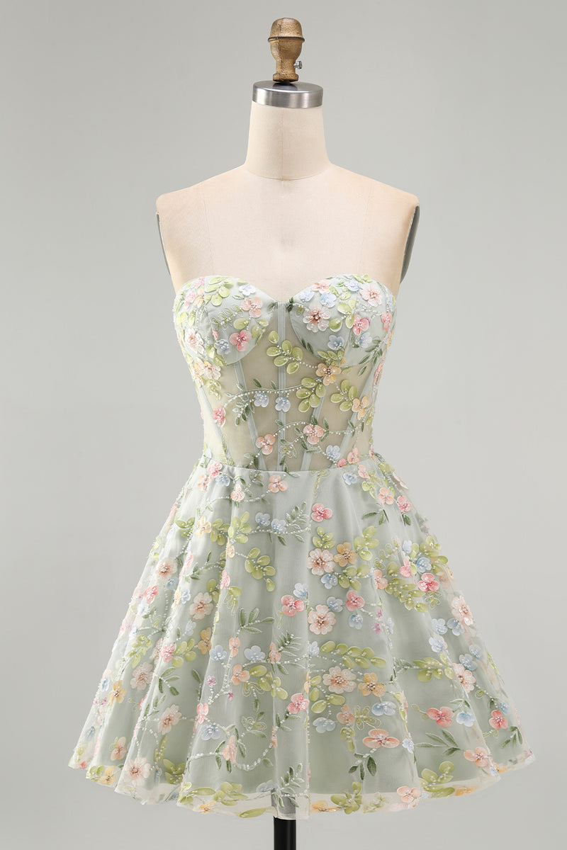 Laden Sie das Bild in den Galerie-Viewer, Grünes Sweetheart Sheer Korsett A-Linie Blumen Kurzes Abendkleid mit Applikationen