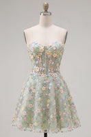 Laden Sie das Bild in den Galerie-Viewer, Grünes Sweetheart Sheer Korsett A-Linie Blumen Kurzes Abendkleid mit Applikationen