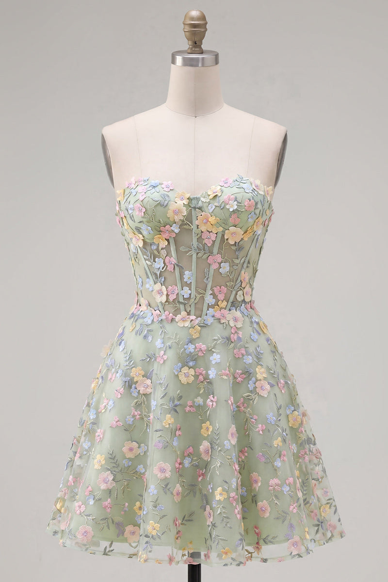 Laden Sie das Bild in den Galerie-Viewer, Grünes Sweetheart Sheer Korsett A-Linie Blumen Kurzes Abendkleid mit Applikationen