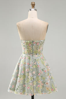 Grünes Sweetheart Sheer Korsett A-Linie Blumen Kurzes Abendkleid mit Applikationen