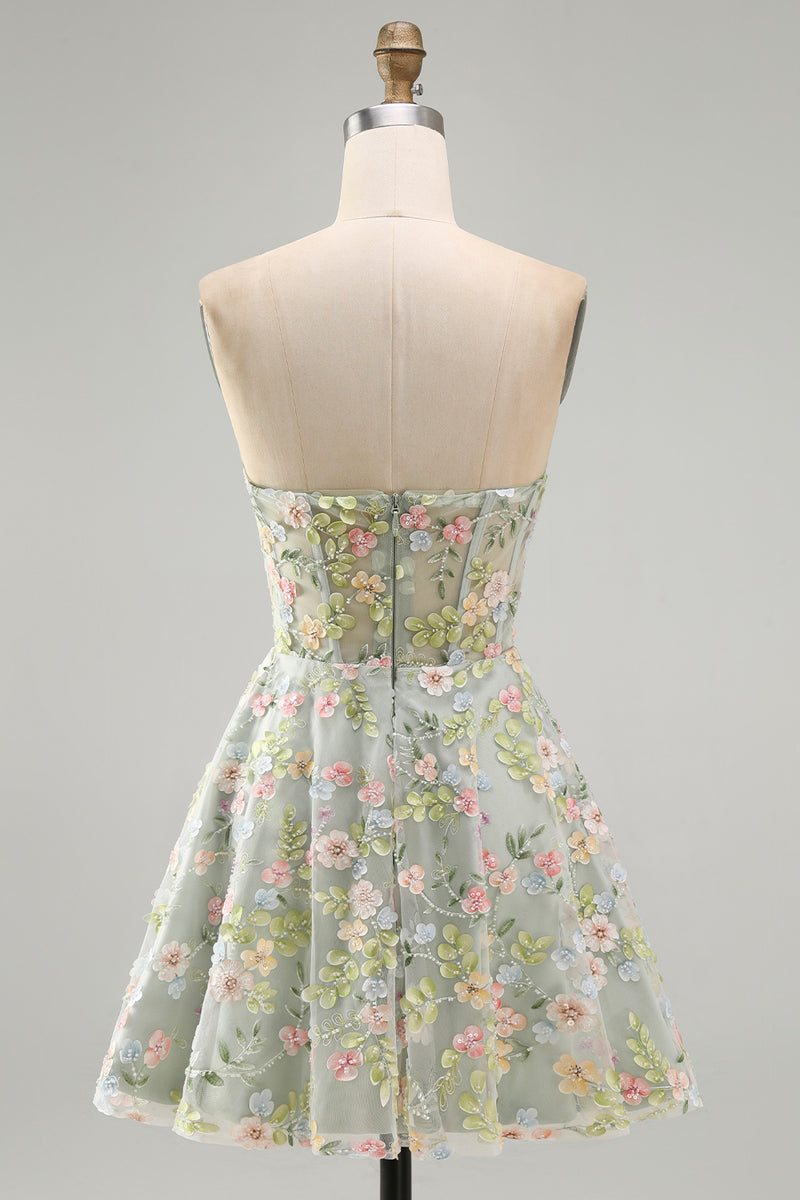 Laden Sie das Bild in den Galerie-Viewer, Grünes Sweetheart Sheer Korsett A-Linie Blumen Kurzes Abendkleid mit Applikationen