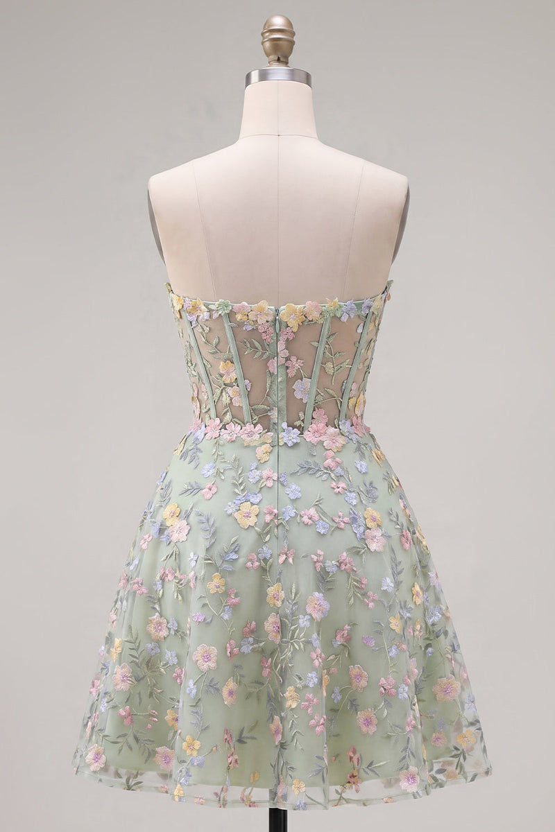 Laden Sie das Bild in den Galerie-Viewer, Grünes Sweetheart Sheer Korsett A-Linie Blumen Kurzes Abendkleid mit Applikationen