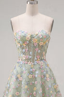 Laden Sie das Bild in den Galerie-Viewer, Grünes Sweetheart Sheer Korsett A-Linie Blumen Kurzes Abendkleid mit Applikationen