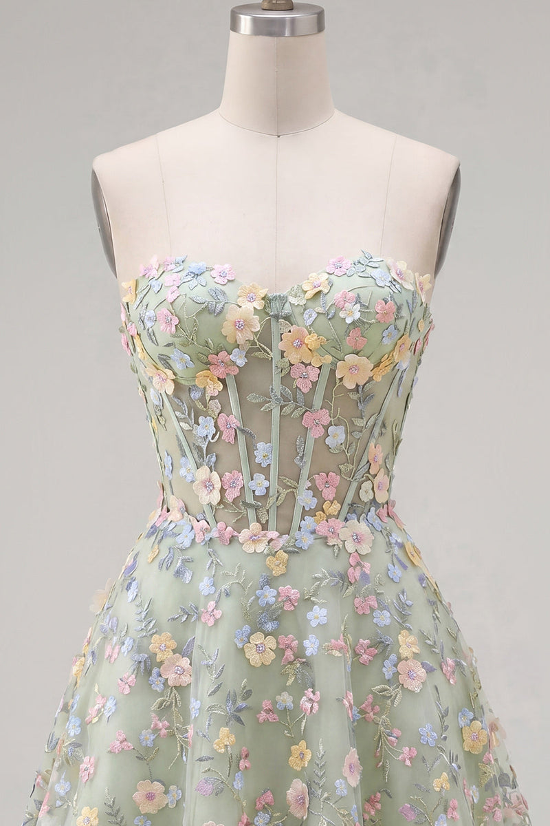 Laden Sie das Bild in den Galerie-Viewer, Grünes Sweetheart Sheer Korsett A-Linie Blumen Kurzes Abendkleid mit Applikationen