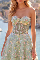 Laden Sie das Bild in den Galerie-Viewer, Grünes Sweetheart Sheer Korsett A-Linie Blumen Kurzes Abendkleid mit Applikationen