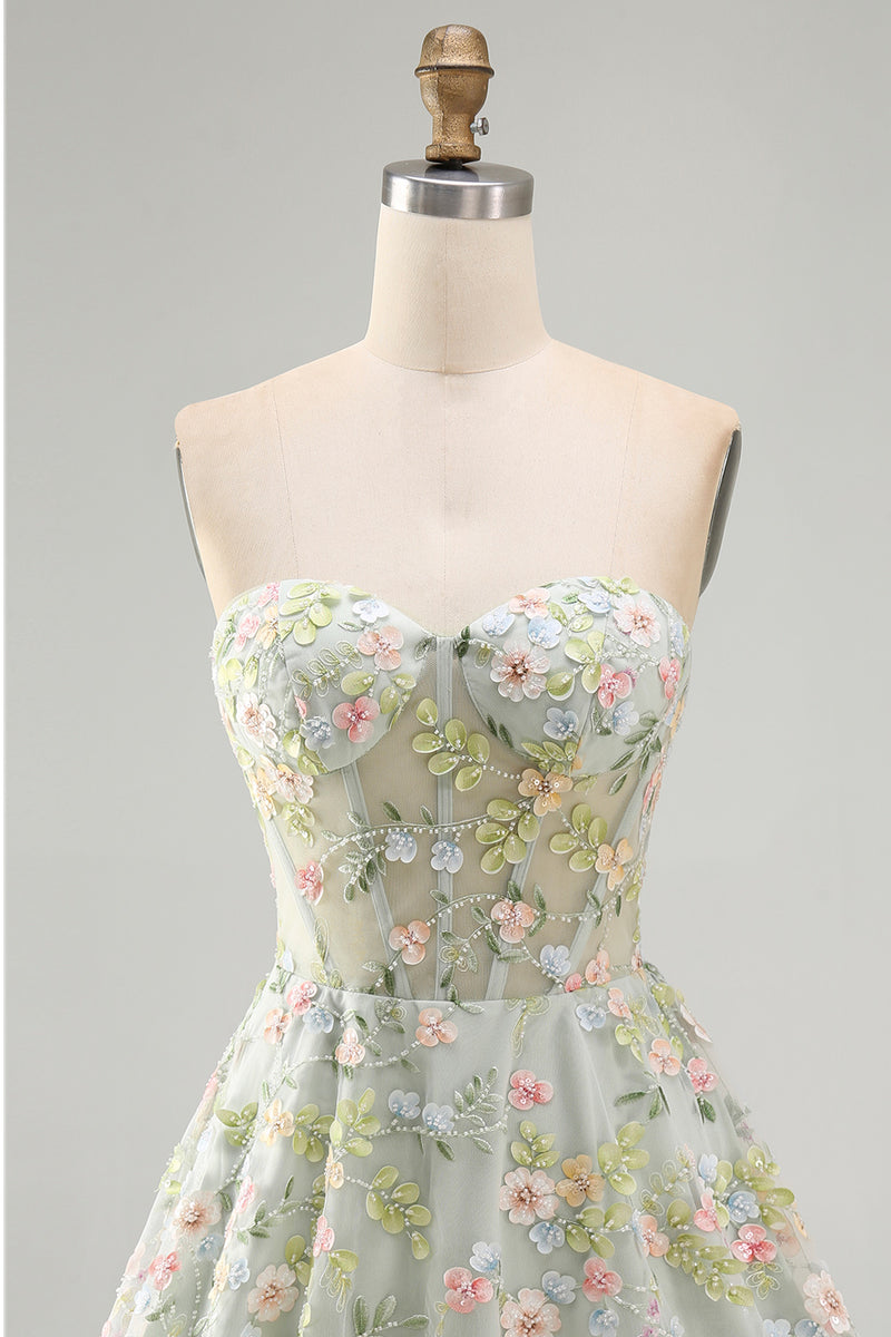 Laden Sie das Bild in den Galerie-Viewer, Grünes Sweetheart Sheer Korsett A-Linie Blumen Kurzes Abendkleid mit Applikationen