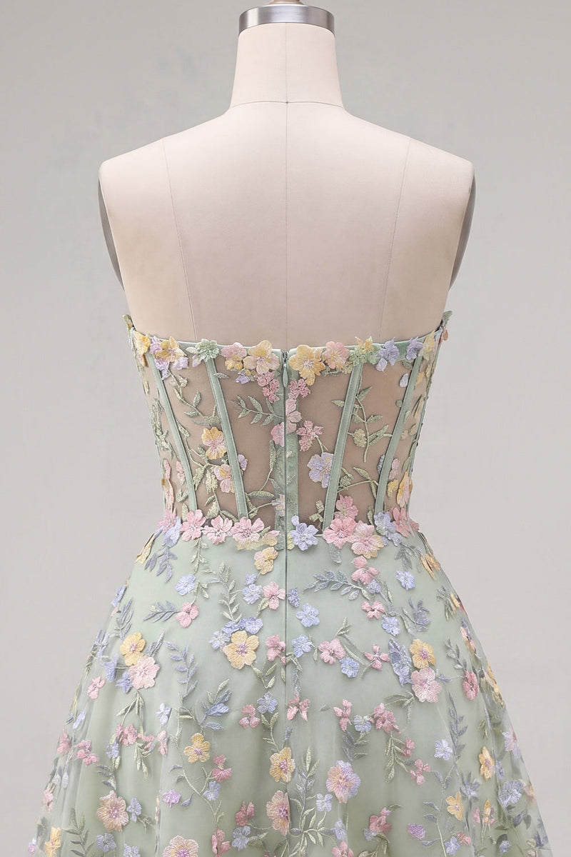Laden Sie das Bild in den Galerie-Viewer, Grünes Sweetheart Sheer Korsett A-Linie Blumen Kurzes Abendkleid mit Applikationen