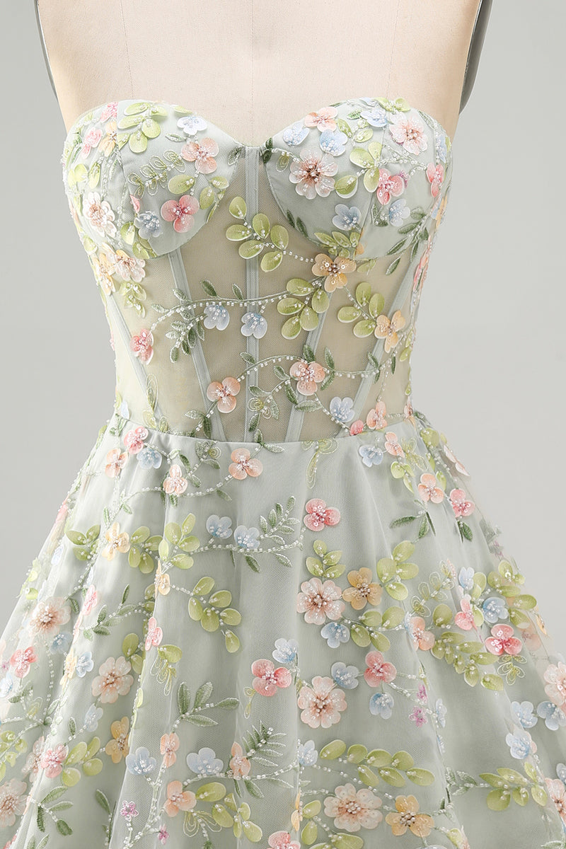Laden Sie das Bild in den Galerie-Viewer, Grünes Sweetheart Sheer Korsett A-Linie Blumen Kurzes Abendkleid mit Applikationen
