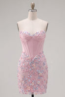 Laden Sie das Bild in den Galerie-Viewer, Sweetheart Pink Corset Bodycon Blumen Kurzes Abendkleid mit Applikationen