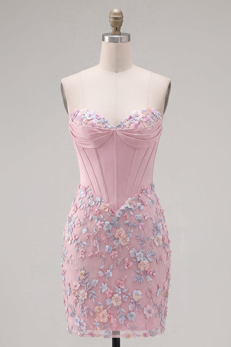 Laden Sie das Bild in den Galerie-Viewer, Sweetheart Pink Corset Bodycon Blumen Kurzes Abendkleid mit Applikationen