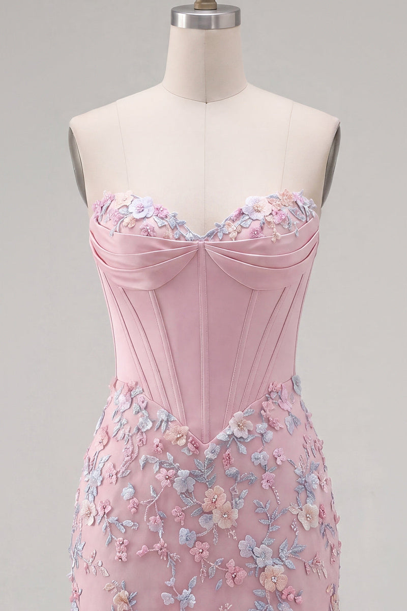 Laden Sie das Bild in den Galerie-Viewer, Sweetheart Pink Corset Bodycon Blumen Kurzes Abendkleid mit Applikationen