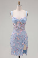 Laden Sie das Bild in den Galerie-Viewer, Blaues Durchsichtiges Korsett Bodycon Blumen Gerafftes Applikiertes Kurzes Abendkleid mit Schlitz