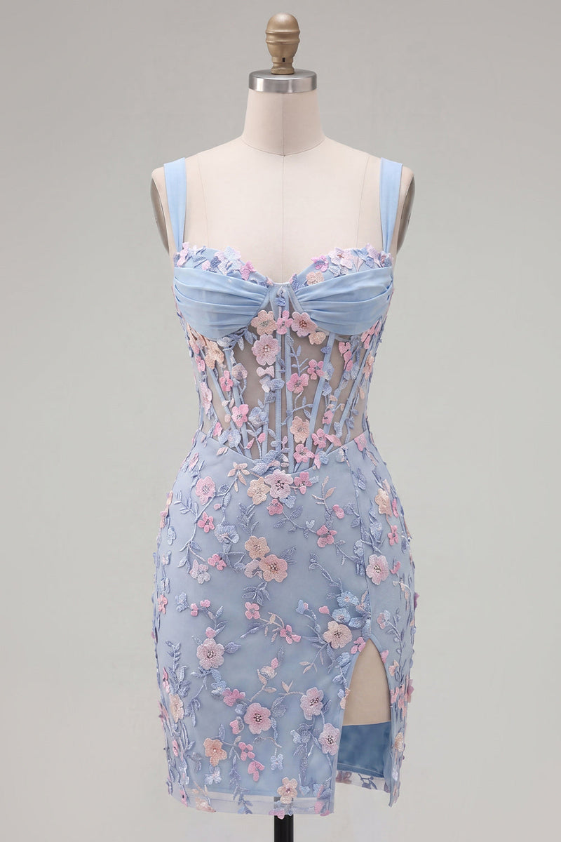Laden Sie das Bild in den Galerie-Viewer, Blaues Durchsichtiges Korsett Bodycon Blumen Gerafftes Applikiertes Kurzes Abendkleid mit Schlitz