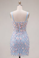 Laden Sie das Bild in den Galerie-Viewer, Blaues Durchsichtiges Korsett Bodycon Blumen Gerafftes Applikiertes Kurzes Abendkleid mit Schlitz