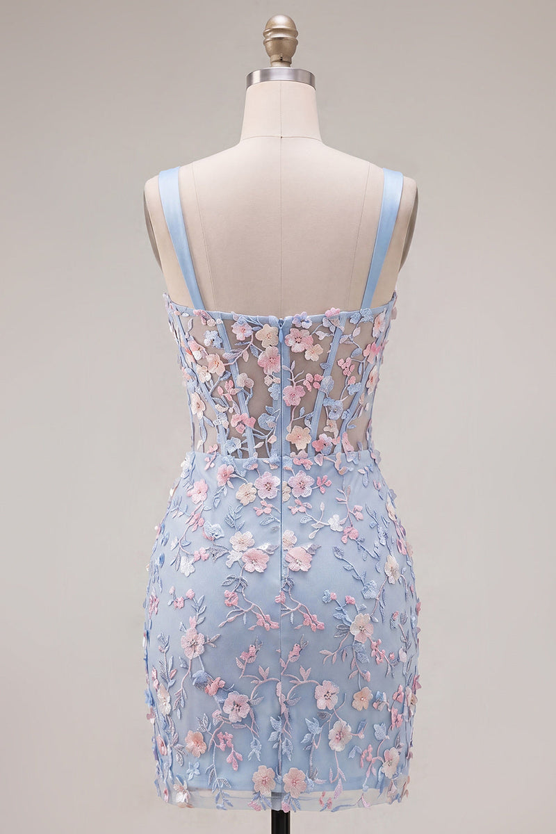 Laden Sie das Bild in den Galerie-Viewer, Blaues Durchsichtiges Korsett Bodycon Blumen Gerafftes Applikiertes Kurzes Abendkleid mit Schlitz