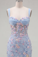 Laden Sie das Bild in den Galerie-Viewer, Blaues Durchsichtiges Korsett Bodycon Blumen Gerafftes Applikiertes Kurzes Abendkleid mit Schlitz
