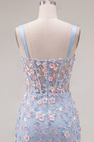 Laden Sie das Bild in den Galerie-Viewer, Blaues Durchsichtiges Korsett Bodycon Blumen Gerafftes Applikiertes Kurzes Abendkleid mit Schlitz
