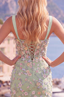 Laden Sie das Bild in den Galerie-Viewer, Blaues Durchsichtiges Korsett Bodycon Blumen Gerafftes Applikiertes Kurzes Abendkleid mit Schlitz