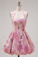 Laden Sie das Bild in den Galerie-Viewer, Fuchsia A-Linie Halterhals Jacquard Blumen Kurzes Abendkleid