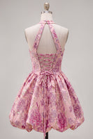 Laden Sie das Bild in den Galerie-Viewer, Fuchsia A-Linie Halterhals Jacquard Blumen Kurzes Abendkleid