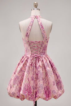 Fuchsia A-Linie Halterhals Jacquard Blumen Kurzes Abendkleid