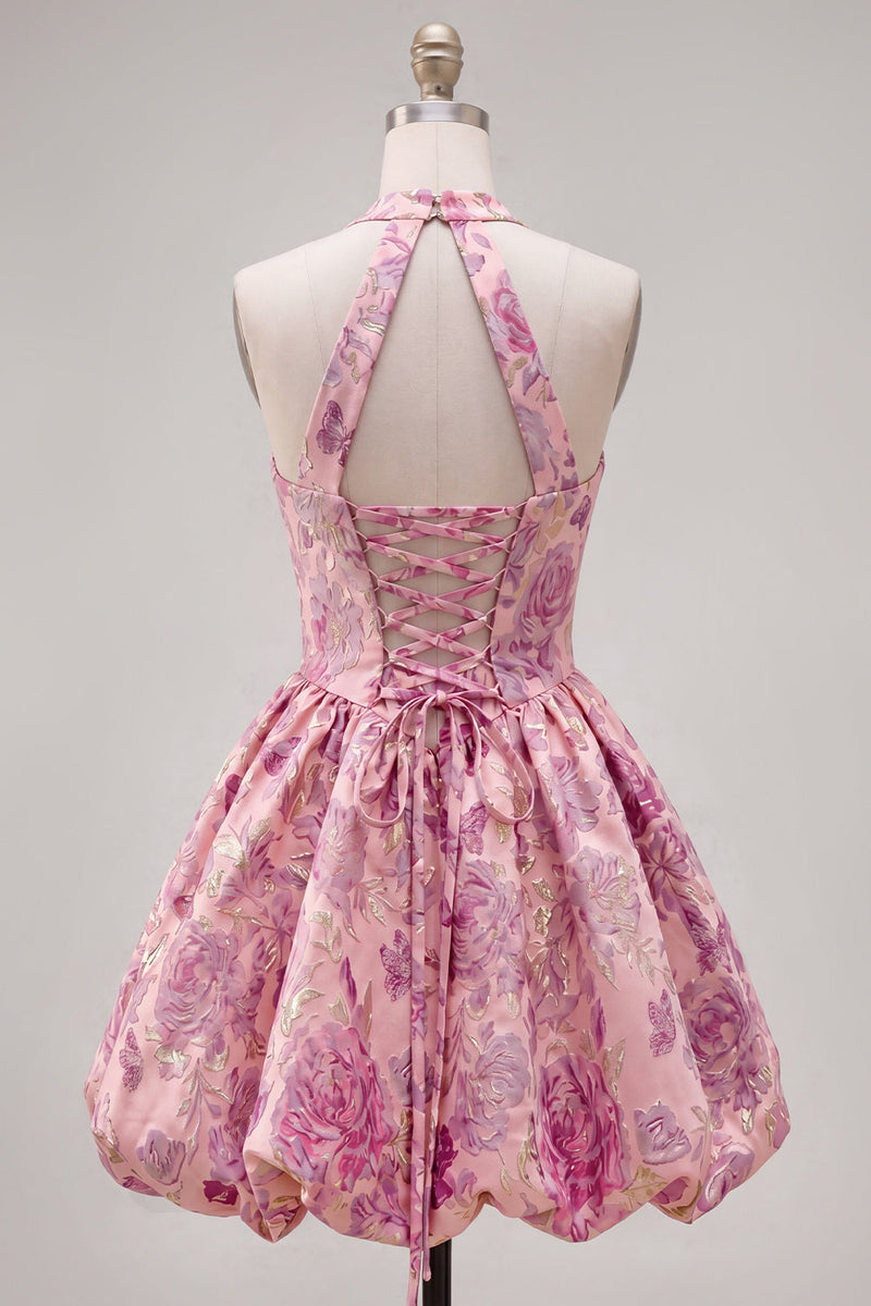 Laden Sie das Bild in den Galerie-Viewer, Fuchsia A-Linie Halterhals Jacquard Blumen Kurzes Abendkleid