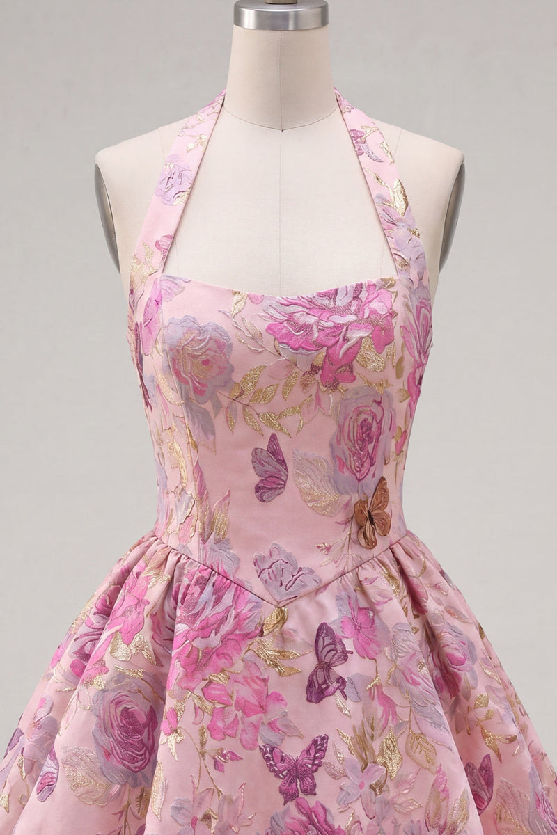 Laden Sie das Bild in den Galerie-Viewer, Fuchsia A-Linie Halterhals Jacquard Blumen Kurzes Abendkleid