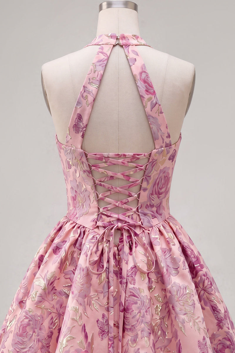 Laden Sie das Bild in den Galerie-Viewer, Fuchsia A-Linie Halterhals Jacquard Blumen Kurzes Abendkleid