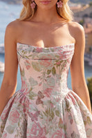 Laden Sie das Bild in den Galerie-Viewer, A-Linie Gelbes Trägerloses Gerafftes Jacquard Floral Kurzes Abendkleid
