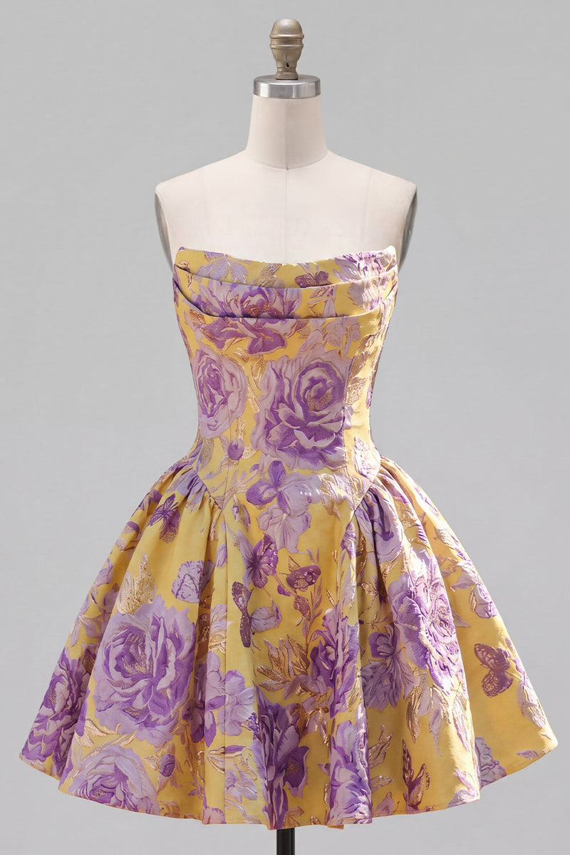 Laden Sie das Bild in den Galerie-Viewer, A-Linie Gelbes Trägerloses Gerafftes Jacquard Floral Kurzes Abendkleid
