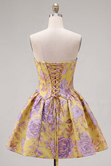 A-Linie Gelbes Trägerloses Gerafftes Jacquard Floral Kurzes Abendkleid