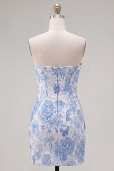 Blaues Jacquard Sweetheart Bodycon Blumen Kurzes Abendkleid mit Schleife