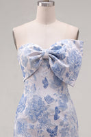 Laden Sie das Bild in den Galerie-Viewer, Blaues Jacquard Sweetheart Bodycon Blumen Kurzes Abendkleid mit Schleife