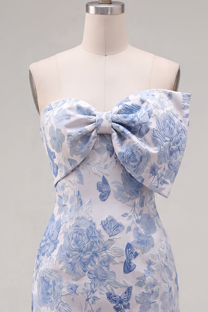 Laden Sie das Bild in den Galerie-Viewer, Blaues Jacquard Sweetheart Bodycon Blumen Kurzes Abendkleid mit Schleife