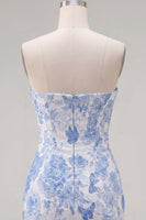 Laden Sie das Bild in den Galerie-Viewer, Blaues Jacquard Sweetheart Bodycon Blumen Kurzes Abendkleid mit Schleife