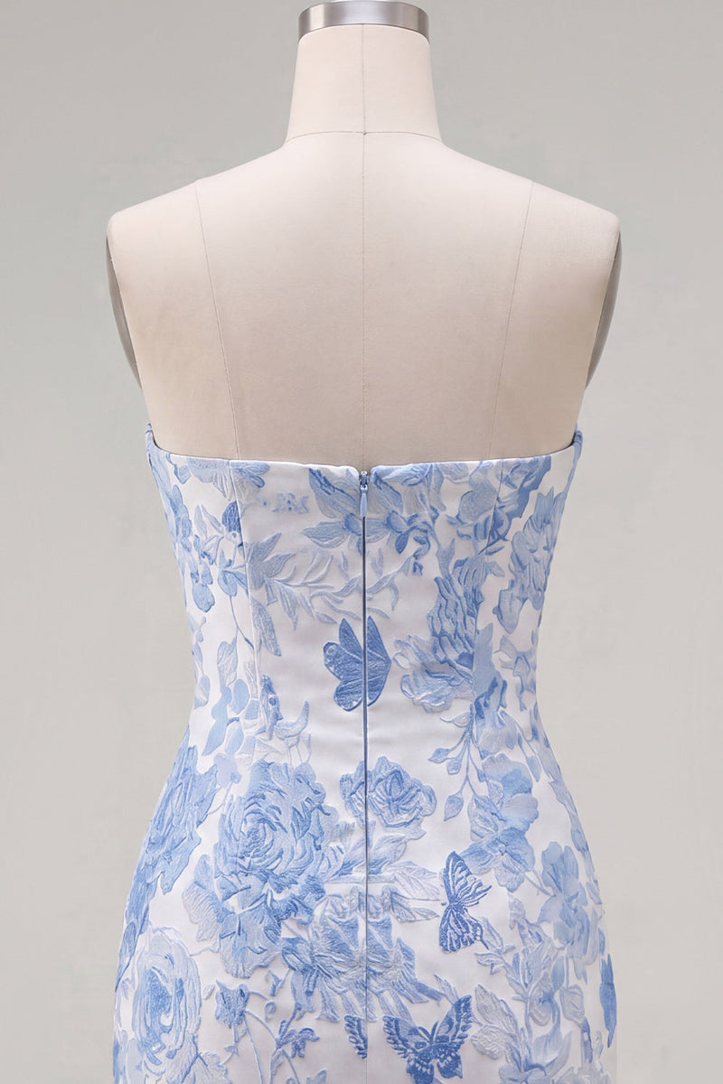Laden Sie das Bild in den Galerie-Viewer, Blaues Jacquard Sweetheart Bodycon Blumen Kurzes Abendkleid mit Schleife