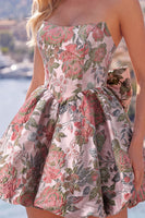 Laden Sie das Bild in den Galerie-Viewer, A-Linie Pink Sweetheart Jacquard Blumen Kurzes Abendkleid mit Schleife