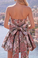Laden Sie das Bild in den Galerie-Viewer, A-Linie Pink Sweetheart Jacquard Blumen Kurzes Abendkleid mit Schleife