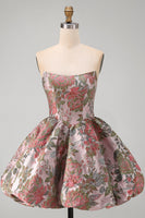 Laden Sie das Bild in den Galerie-Viewer, A-Linie Pink Sweetheart Jacquard Blumen Kurzes Abendkleid mit Schleife