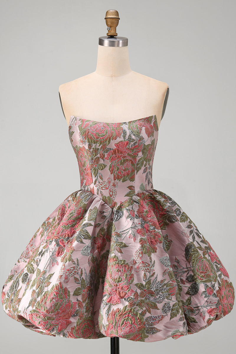 Laden Sie das Bild in den Galerie-Viewer, A-Linie Pink Sweetheart Jacquard Blumen Kurzes Abendkleid mit Schleife