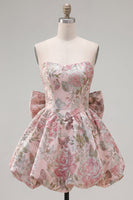 Laden Sie das Bild in den Galerie-Viewer, A-Linie Pink Sweetheart Jacquard Blumen Kurzes Abendkleid mit Schleife