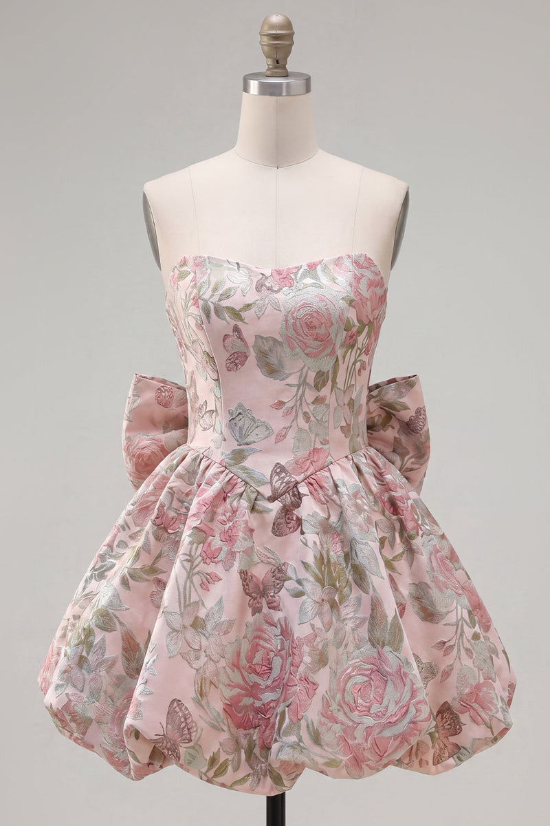 Laden Sie das Bild in den Galerie-Viewer, A-Linie Pink Sweetheart Jacquard Blumen Kurzes Abendkleid mit Schleife