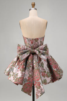 A-Linie Pink Sweetheart Jacquard Blumen Kurzes Abendkleid mit Schleife